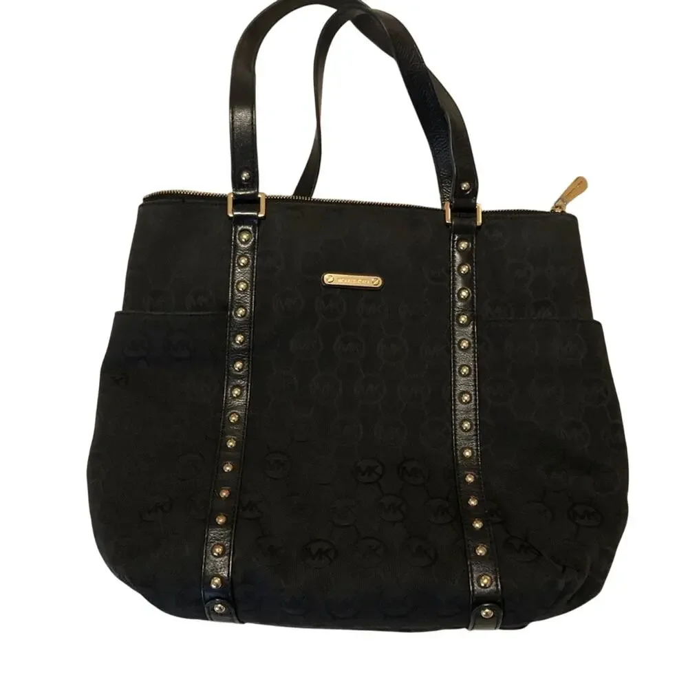 MICHAEL KORS Signature Tote Canvas Handbag Black LOGO Shoulder Bag Purse Gold